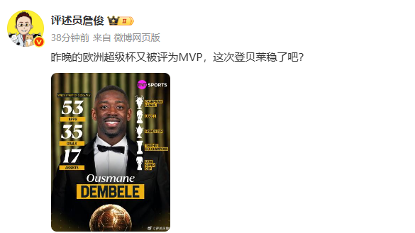 你认同吗？詹俊：登贝莱又获欧超杯MVP，这次金球奖稳了吧