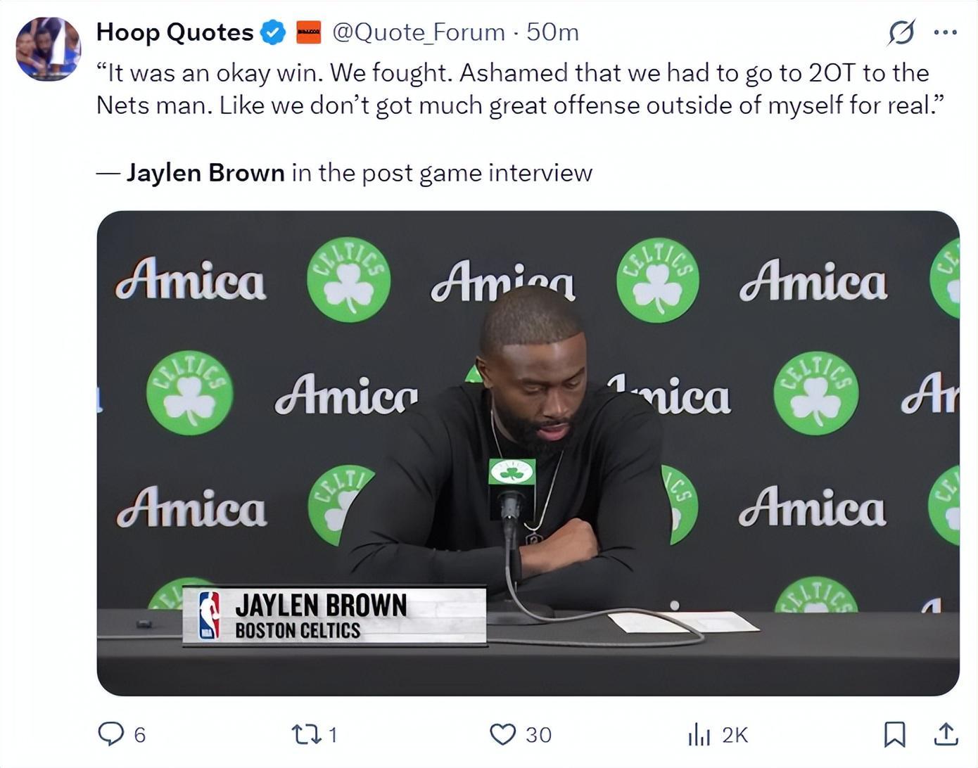 开云APP-鏖战双加时逆转!布朗27+12+10创4纪录 赛后吐槽缺乏助力扎心鸭王